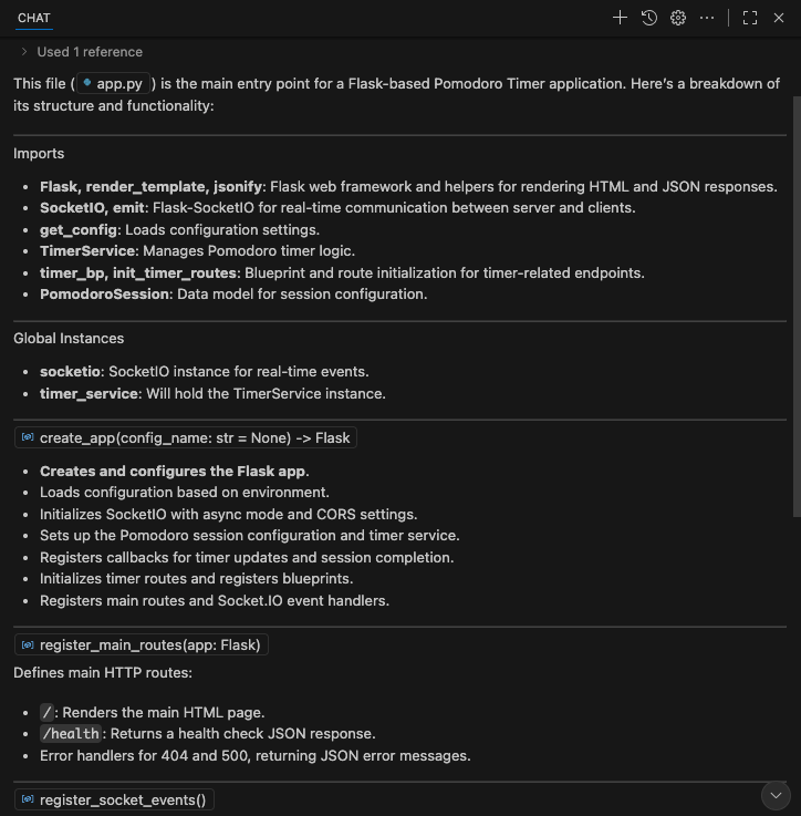 Copilot explaining code in the chat panel