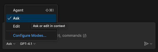Copilot Chat interface in VS Code showing the Ask mode