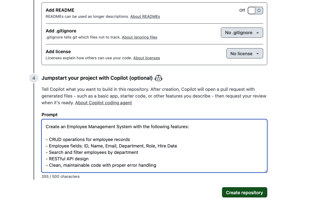 Creating a new repository with Copilot Coding Agent