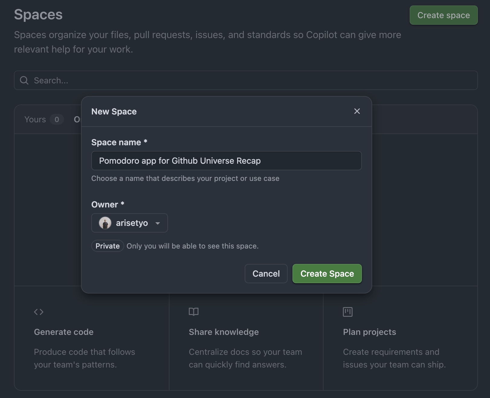 Creating a new Copilot Space